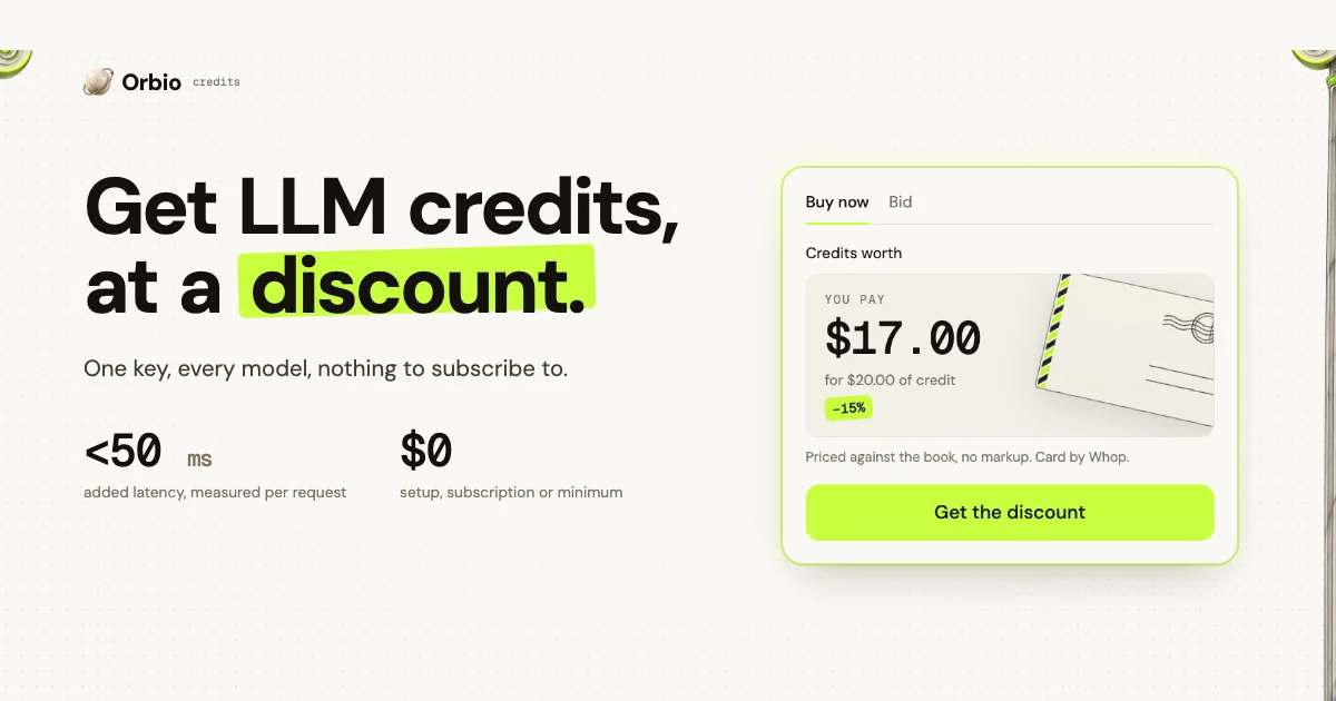 Orbio website preview with lime accents and an AI credits interface
