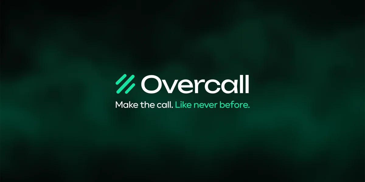 Overcall brand preview with white wordmark and emerald light
